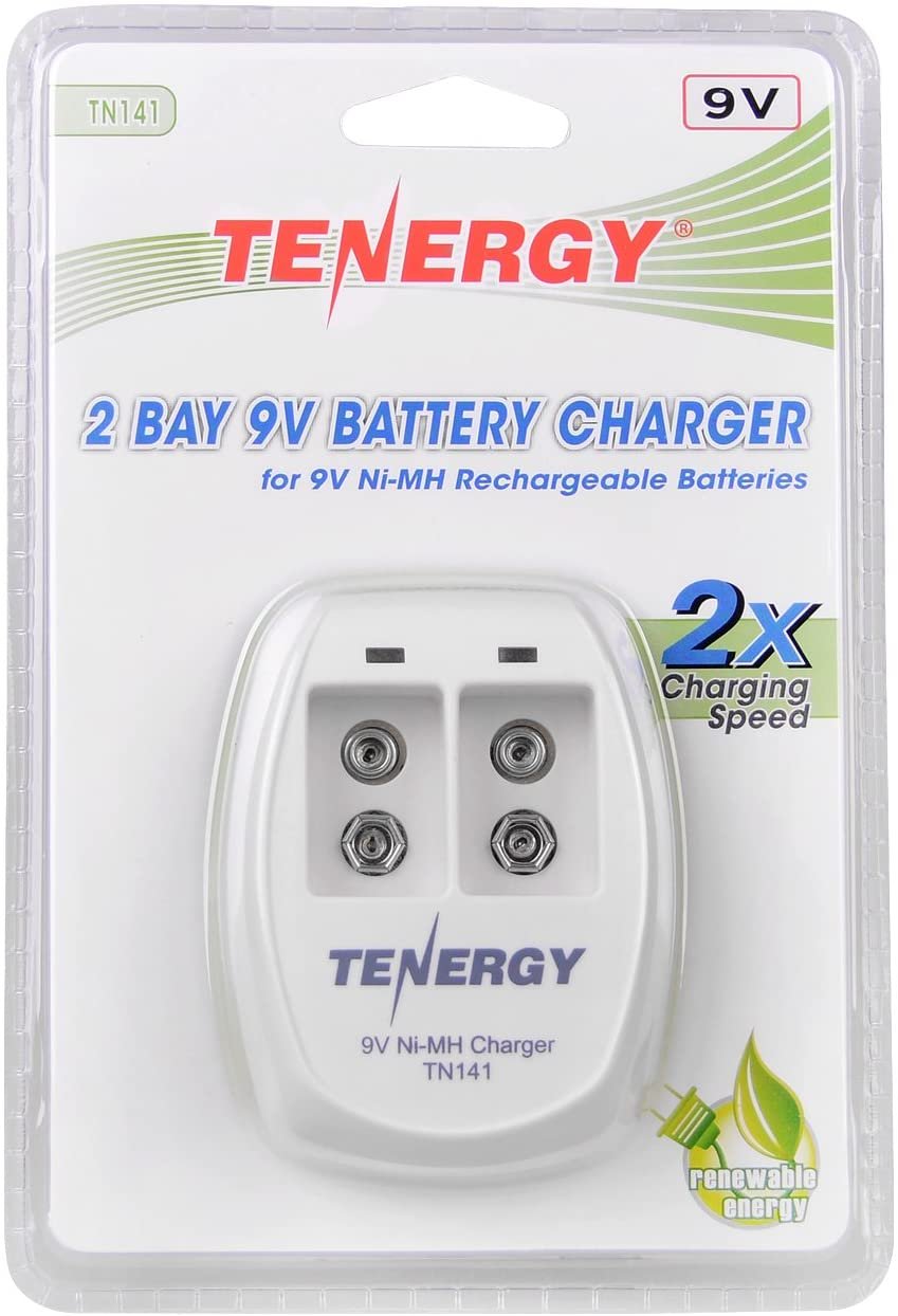 Tenergy TN141 Smart Charger for NiMH 9V Rechargeable Batteries, 9V Cells Battery Charger, 9 Volt NiMH Batteries Charger, 2 Slot 9V Fast Charger for Smoke Detector