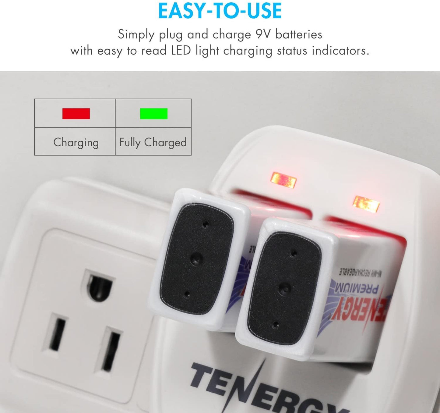 Tenergy TN141 Smart Charger for NiMH 9V Rechargeable Batteries, 9V Cells Battery Charger, 9 Volt NiMH Batteries Charger, 2 Slot 9V Fast Charger for Smoke Detector