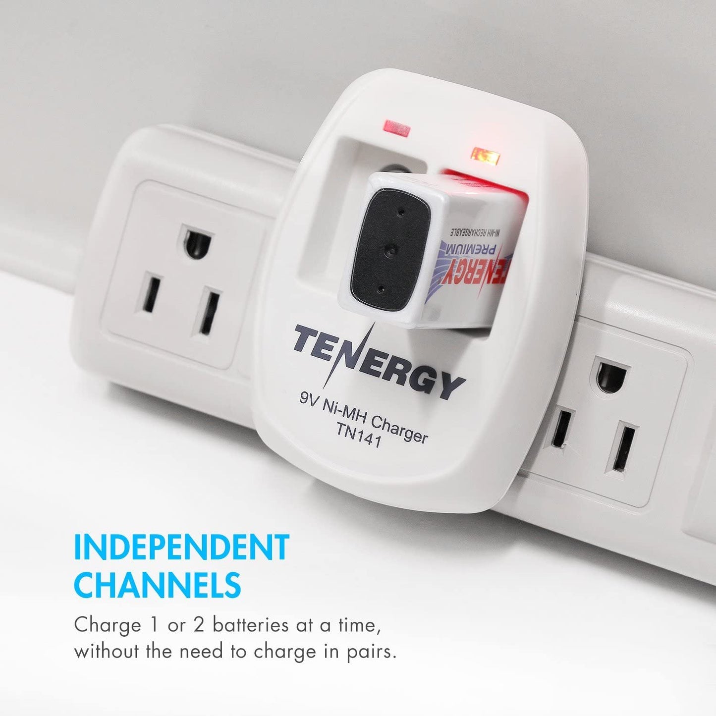 Tenergy TN141 Smart Charger for NiMH 9V Rechargeable Batteries, 9V Cells Battery Charger, 9 Volt NiMH Batteries Charger, 2 Slot 9V Fast Charger for Smoke Detector