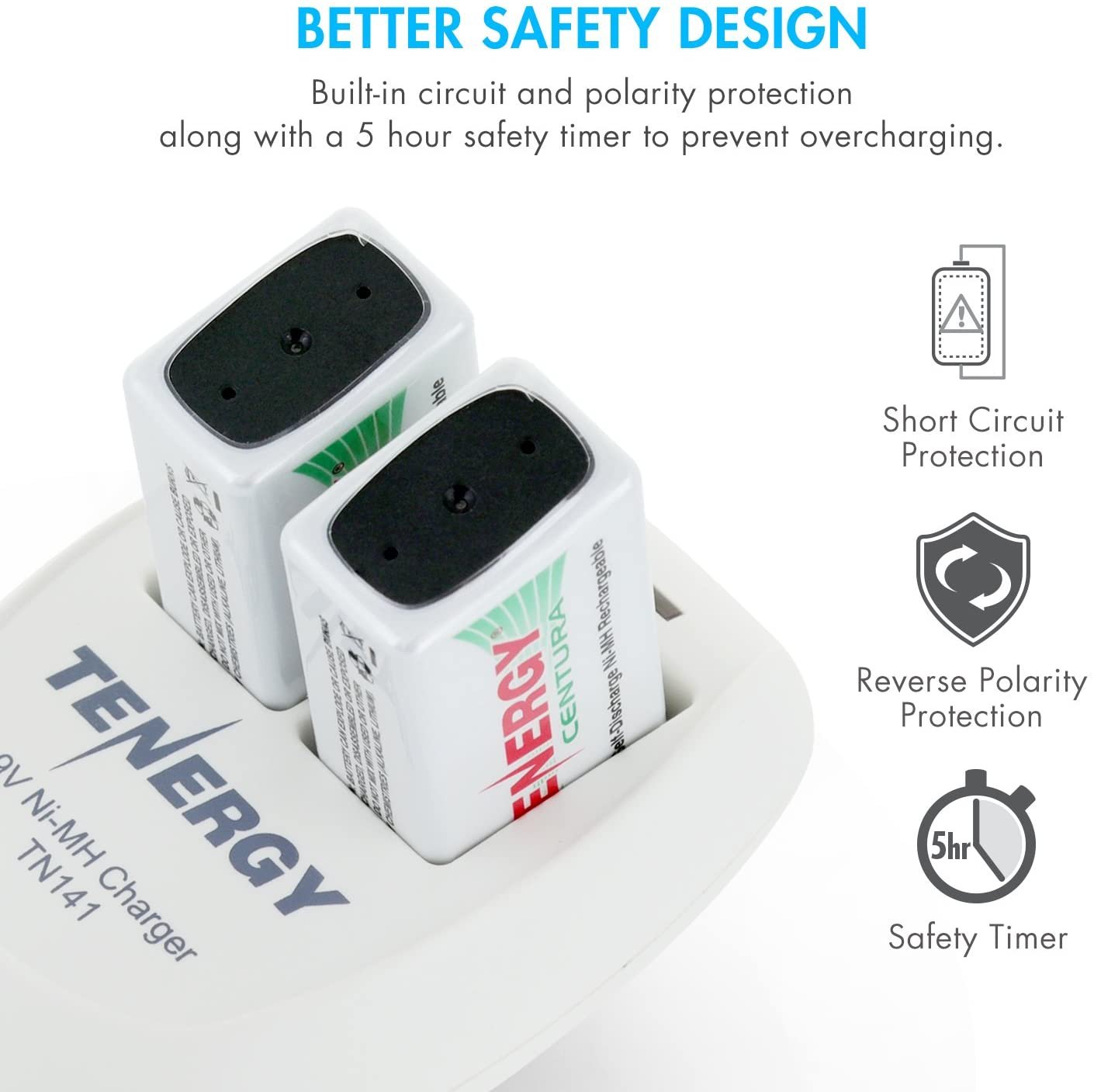 Tenergy TN141 Smart Charger for NiMH 9V Rechargeable Batteries, 9V Cells Battery Charger, 9 Volt NiMH Batteries Charger, 2 Slot 9V Fast Charger for Smoke Detector