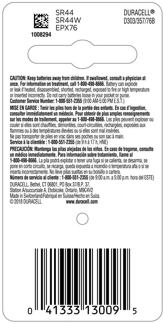 Duracell Silver Oxide Button Batteries 357 - equivalent to SR43, SR43W, SR43SW, 301, 386, D301/386, V301, V386, SR1142