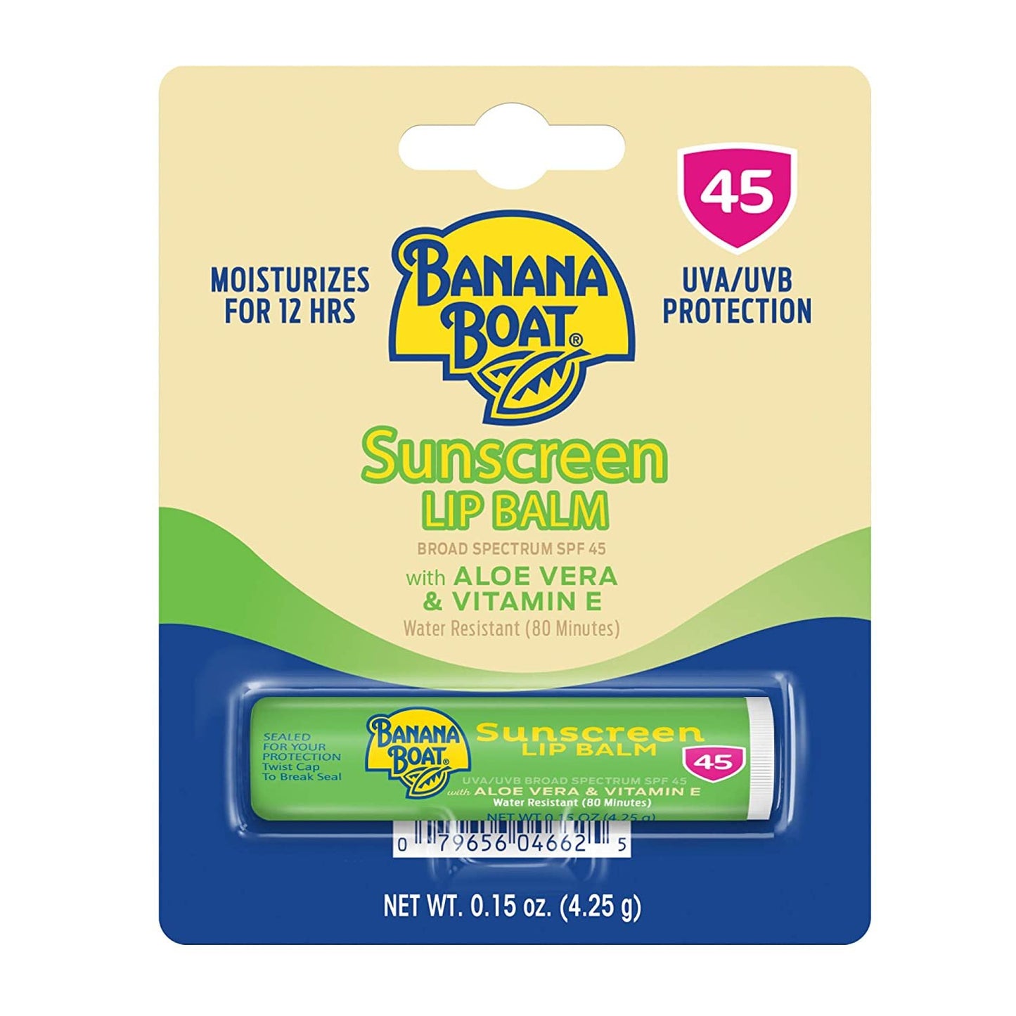 Banana Boat Sunscreen Lip Balm with Aloe Vera Lip Protection, Broad Protrection SPF 45, 0.15 oz,Clear color