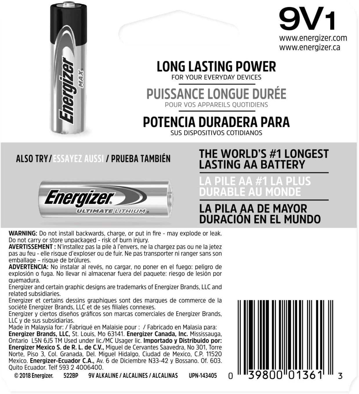 Energizer Max 9V Batteries, Premium Alkaline 9 Volt Batteries (1 Battery Count)