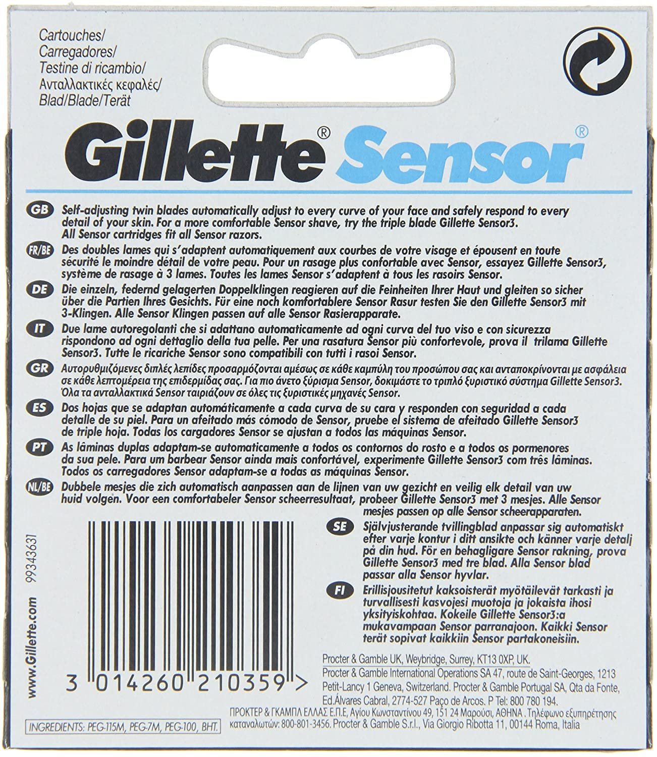 Gillette Sensor Refill Razor Blade Cartridges - 10 Pack