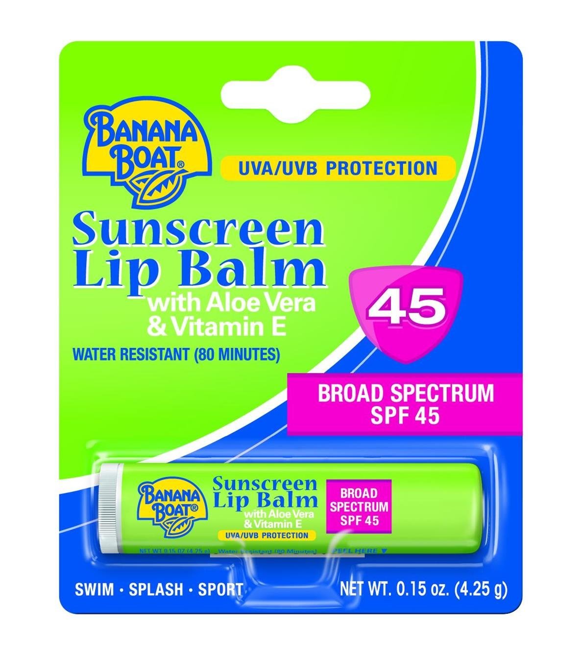 Banana Boat Sunscreen & Care Aloe Vera with Vitamin E Broad Spectrum Lip Balm - SPF 45, 0.15 Oz