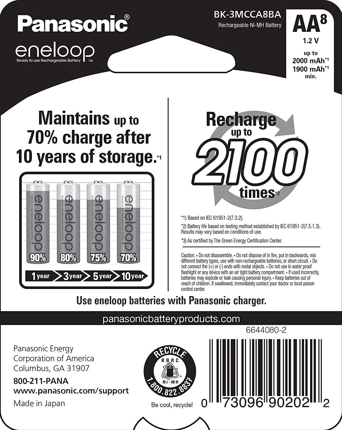 Panasonic BK-3MCCA8BA eneloop AA 2100 Cycle Ni-MH Pre-Charged Rechargeable Batteries, 8 Pack