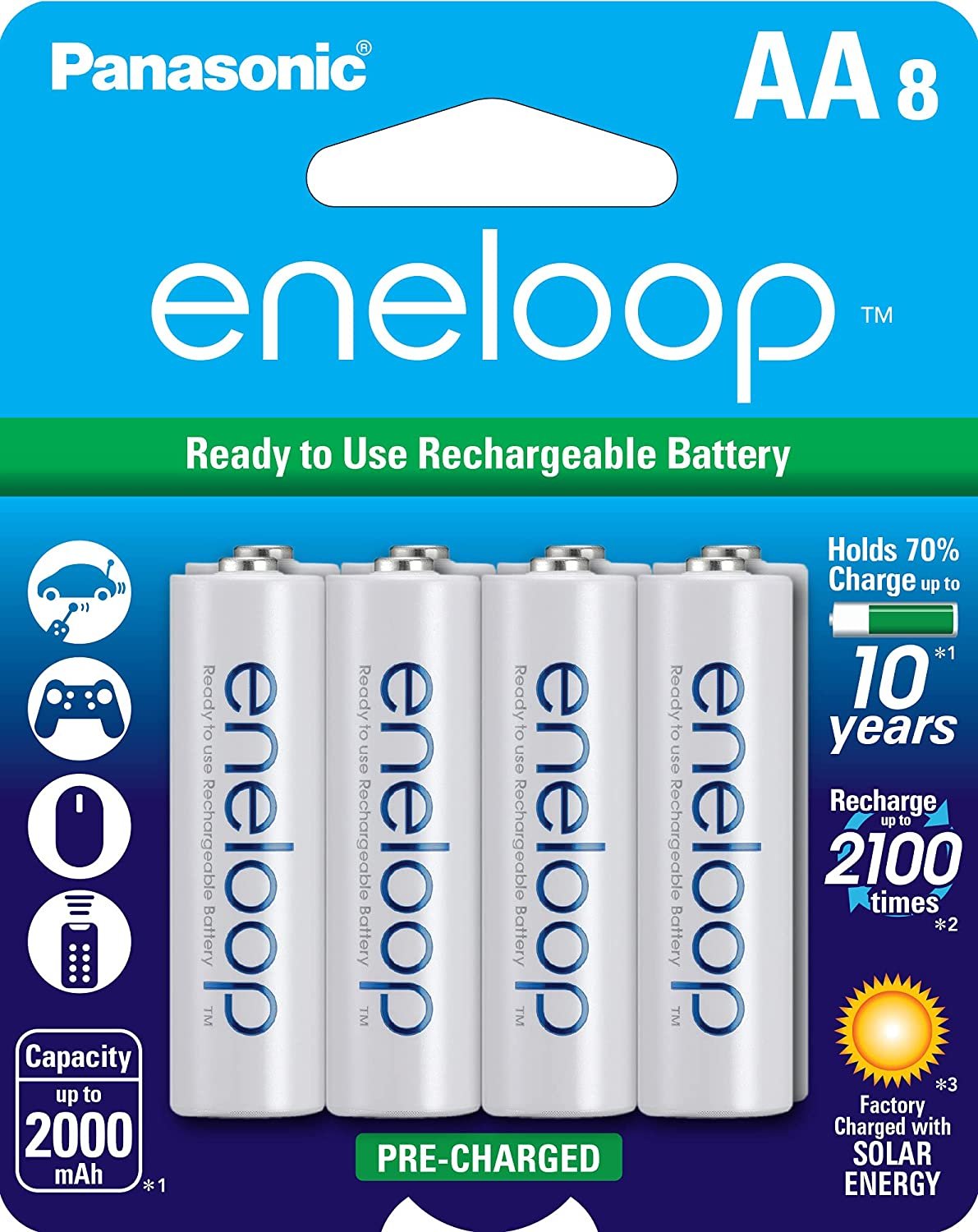 Panasonic BK-3MCCA8BA eneloop AA 2100 Cycle Ni-MH Pre-Charged Rechargeable Batteries, 8 Pack