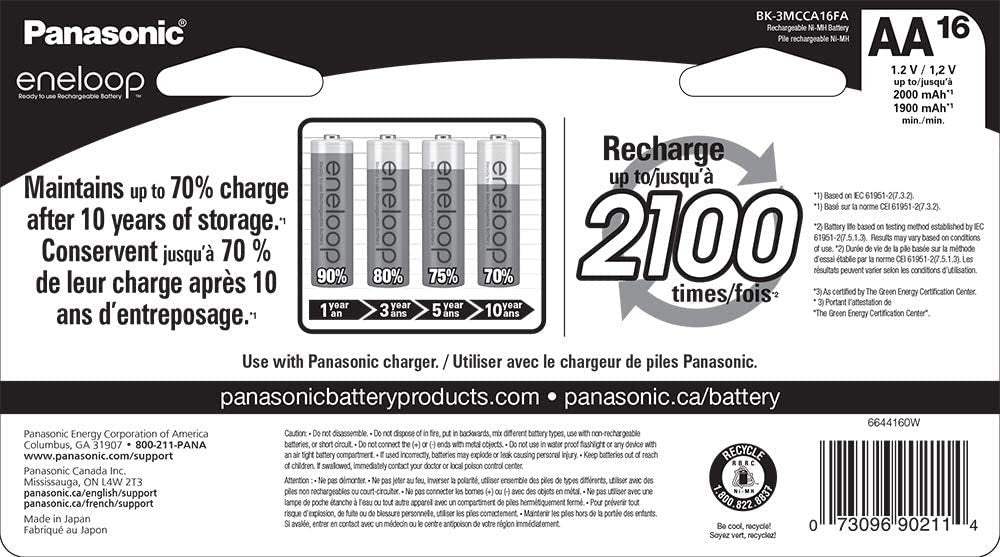 Panasonic BK-3MCCA16FA eneloop AA 2100 Cycle Ni-MH Pre-Charged Rechargeable Batteries, (package includes 16AA blue or 16AA white)